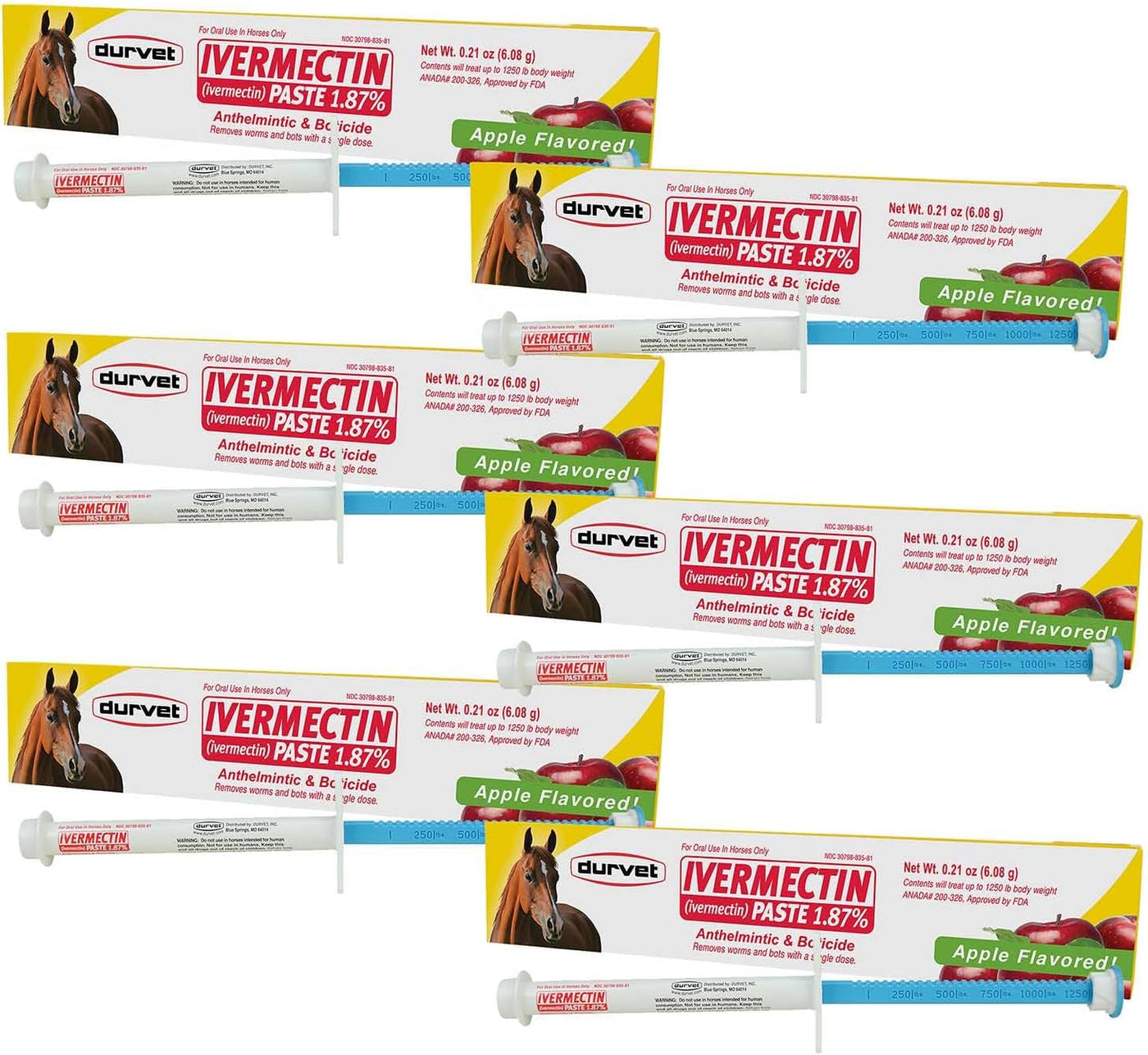 Durvet Ivermectin Paste Dewormer - 6.08g dose @ 1.87% Apple Flavor (6-Pack)